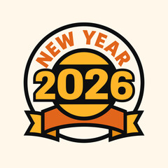 New Year 2026 Celebration Badge Design With Ribbon And Retro Typography Style
