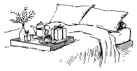 Hand drawn sketch of a cozy breakfast in bed tray with tea and a gift box on messy sheets vector illustration of morning surprise or celebration