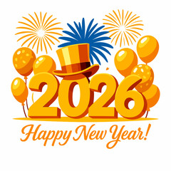 Golden 2026 New Year Celebration Typography With Balloons And Fireworks Decor
