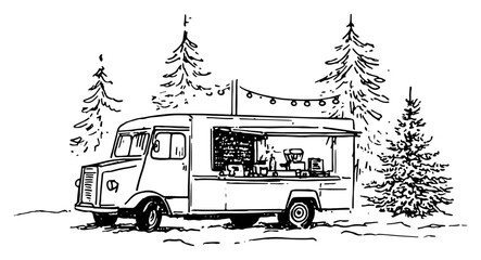 Hand drawn sketch of a food truck parked in a snowy forest with christmas trees vector illustration of a winter market or holiday catering © Kaz