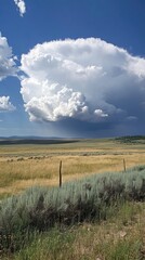 Fototapeta premium Majestic Cumulonimbus Cloud Dominates Vast Golden Prairie Landscape with Sagebrush and Fence