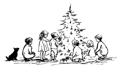 Children decorating Christmas tree with ornaments holiday hand drawn vector illustration