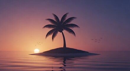 Fototapeta premium Serene Tropical Island Silhouette at Sunset Over Calm Ocean Waters.