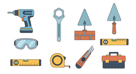 Diverse collection of essential construction and DIY tools for home improvement projects. Perfect for building, repair, and maintenance tasks, featuring manual and powered equipment