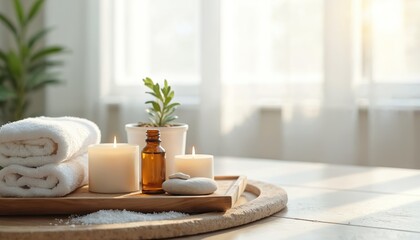 Spa accessories arranged on wooden tray with soft candles light and white towels ready for relaxation and self care treatment. Aromatherapy oils bottle and smooth stones for massage.