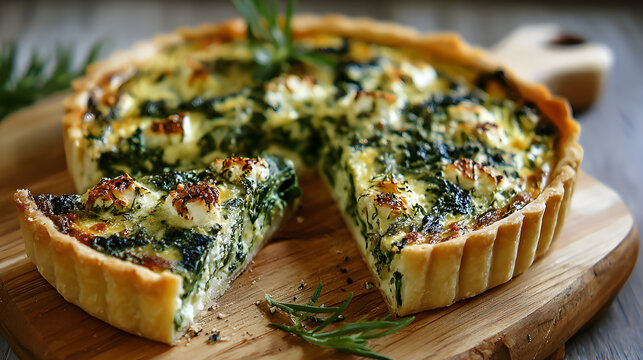 Delicious spinach and feta quiche with a slice cut out on board