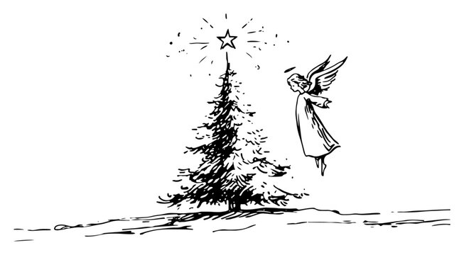 Hand drawn sketch of a christmas tree with a shining star and a flying angel vector illustration of religious holiday symbol