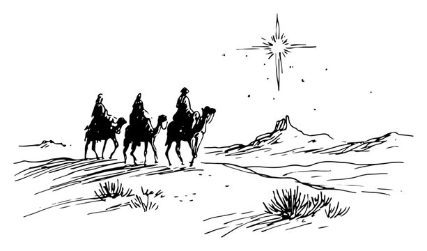 Hand drawn sketch of three wise men riding camels following the guiding star vector illustration of biblical nativity scene