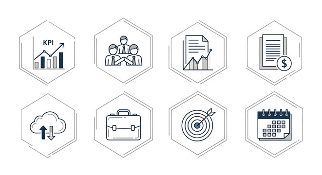Modern thin line icon set representing business strategy, corporate management, financial analysis, and technology concepts
