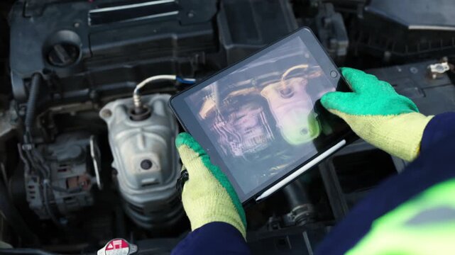 Close-up of display of African mechanic smart tablet inspecting a car engine, troubleshooting and performing routine maintenance with digital assistance