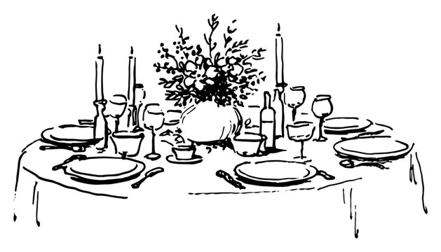 Hand-drawn vector sketch of an elegant dining table set with plates glasses candles and a floral centerpiece for a romantic dinner or celebration