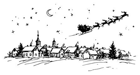 Naklejka premium Hand drawn vector sketch of a night christmas village landscape with santa flying in his sleigh over the moon