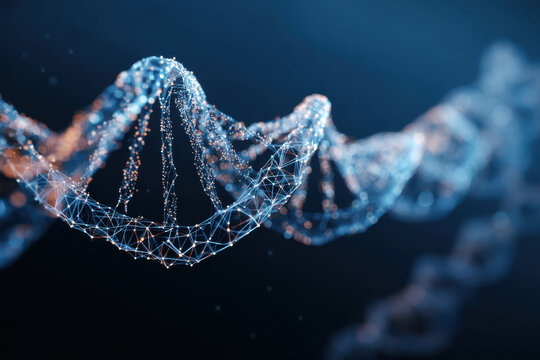 futuristic visualization of a DNA double helix composed of glowing digital nodes and connections, symbolizing biotechnology, genetics, and scientific innovation