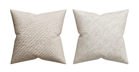 Two Isolated Throw Pillows Cutout, Beige Textured Knit Fabric Decorative Cushions Set on Pure White Background for E-commerce Product Mockup and Interior Design.