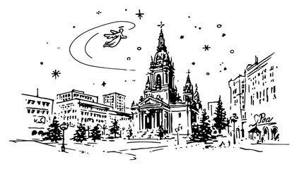 Obraz premium Hand Drawn Christmas Cityscape with European Cathedral and Angel — Black-and-White Vector Illustration
