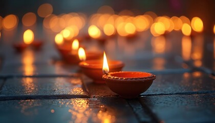 Row of traditional clay oil lamps glow brightly in dark setting. Warm light reflects beautifully on wet surface at night. Diyas illuminate long path, bring peace for festival celebration. Celebrating