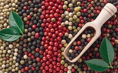 Mixed peppercorns in wooden scoop with green leaves