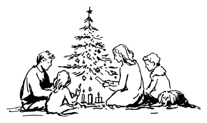 Vintage Christmas Family Lighting Advent Candles Around Tree - Hand-Drawn Line Art Vector Illustration
