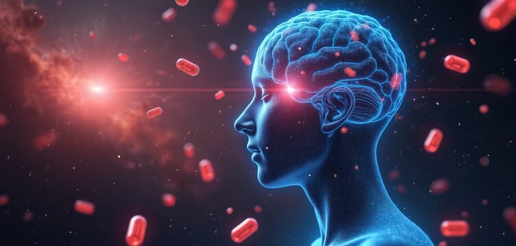 Blue human head with glowing brain. Red pills floating around. Bright light in background. Brain function, supplement concept. Cognitive enhancement, mental clarity. Neuroplasticity, brain health.