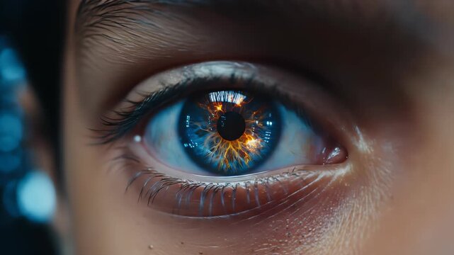 Extreme close-up of a human eye, showcasing a vibrant blue iris with intricate golden, fiery patterns reflected within. Futuristic digital light patterns subtly overlay the scene.