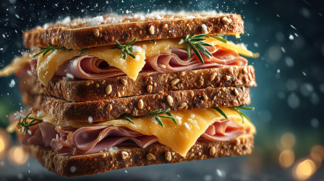 Delicious gourmet sandwich with fresh bread, melted cheese, savory ham, layered ingredients, and vibrant presentation for appealing food photography and tasty meal options