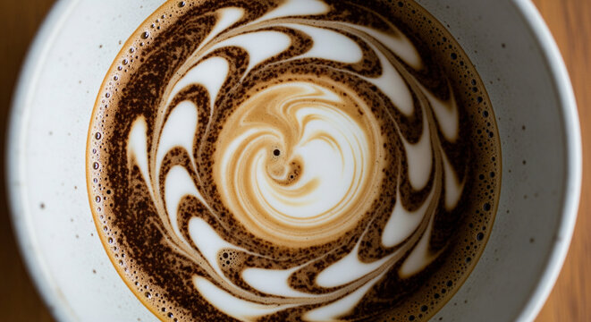 Dark Coffee Latte Art Swirl in a Rustic Ceramic Mug
A captivating close-up, overhead shot of a freshly made coffee drink, likely a latte or cappuccino