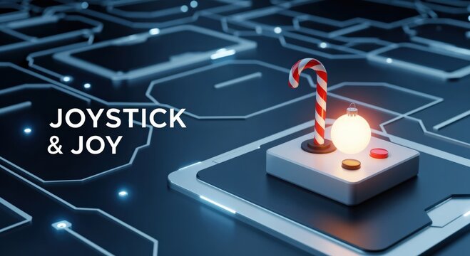 JOYSTICK & JOY - Festive Christmas Gaming Controller with Candy Cane and Ornament on a Circuit Board Background