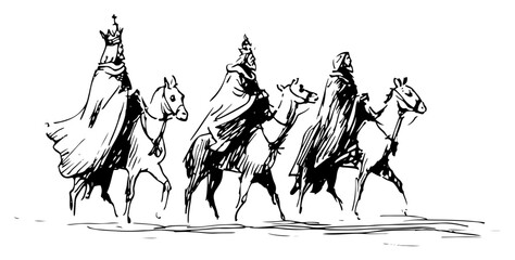 Three Wise Men Magi Riding Camels Following Star Christmas Nativity Scene Hand Drawn Vintage Line Art Vector Illustration