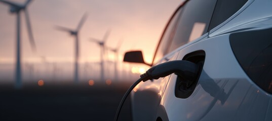 Close-Up of EV Charge Port with Cable and Wind Turbines at Dusk