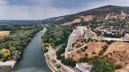 Aerial View of Medieval Devin Castle Ruins on Limestone Cliff