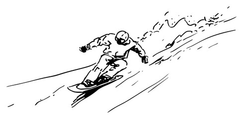 Hand Drawn Snowboarder Carving Down Fast Snowy Mountain Slope Winter Sports Line Art Vector