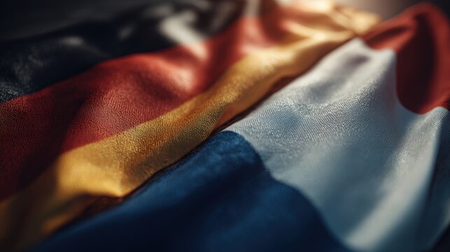 Cinematic Wide-Angle View of Germany and France Flags in Warm Lighting