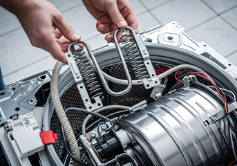 Replacing washing machine heating element for appliance repair | Technician holding new TEN heater component | Close-up view of disassembled washing machine maintenance | DIY laundry appliance fixing