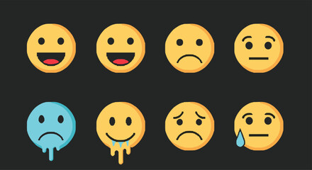 Fototapeta premium A set of eight different cartoon emoji faces showing various expressions from happy to sad on a dark background.