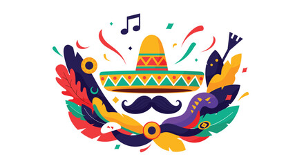 A vibrant and festive illustration celebrating a Mexican fiesta with a sombrero mustache and colorful abstract shapes.