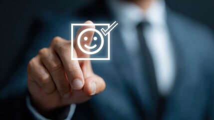 Person selecting happy face icon for satisfaction