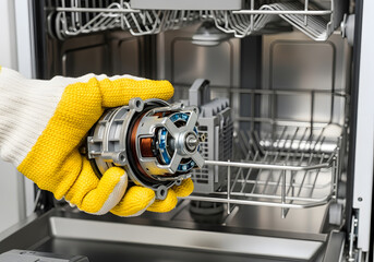 Technician holding new dishwasher wash motor replacement part | Installing circulation pump in stainless steel dishwasher | Appliance repair professional servicing kitchen unit |