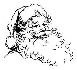 Hand Drawn Santa Claus Portrait with Hat and Beard — Black and White Vector Illustration