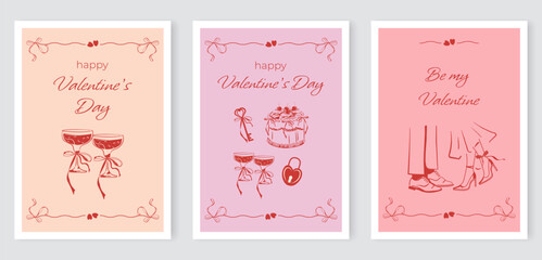 A set of cards for Valentine's Day with bows, hearts, a couple in love, champagne, sweets. Templates for festive covers, posters, banners, and invitations. A hand-drawn vector illustration.Copy space