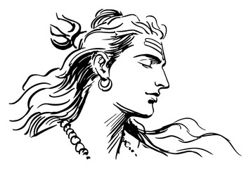 Hand Drawn Lord Shiva Profile with Flowing Hair Hindu Deity Line Art Vector