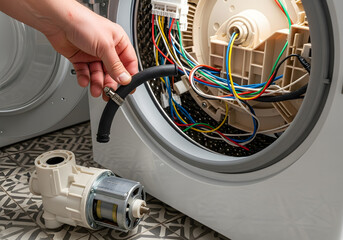 DIY washing machine motor and wiring repair guide | Appliance technician fixing broken laundry machine hose and pump | Troubleshooting electrical problems in front load washer internal components