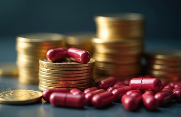 Red pills and gold coins are piled together. Medication cost and health expenses concept. Pharmaceutical industry finance and medical treatment expenses.