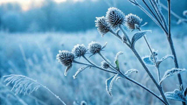 close-up of frozen burdock in gentle winter wind