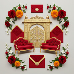 Golden Wedding Gate with Red Sofas and Envelopes Surrounded by Flowers card isolated on a transparent background