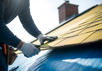 Professional roofer installing yellow asphalt shingles on residential house | Close-up of worker hands applying new roof tiles | Home improvement and construction services on a sunny day