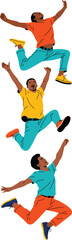 Dynamic vector illustration depicting three successful African American young men actively jumping and leaping in the air, expressing extreme joy, freedom, and energetic celebration for diverse market