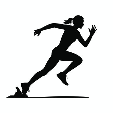 A black silhouette illustration of a female sprinter in mid-run against a white background.