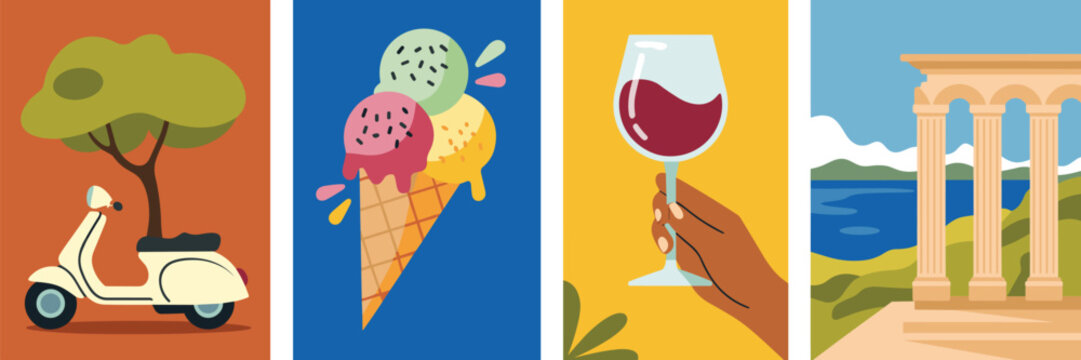 Vibrant flat design collage artwork showcasing quintessential Italian summer vacation and Mediterranean leisure essentials, featuring a classic retro scooter, melting triple scoop ice cream cone, a ha