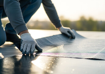 Worker installing waterproofing membrane on flat roof at sunset | Professional roofer applying EPDM membrane for weatherproofing | Close up of hands laying bituminous roofing material