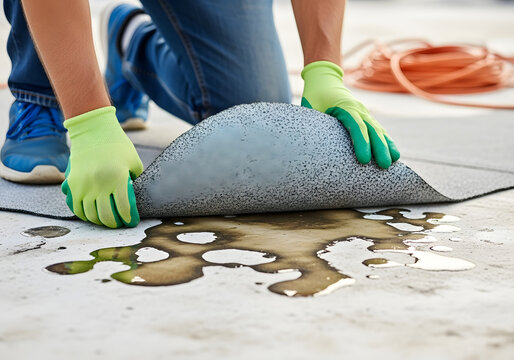 Worker lifting waterproof material revealing wet spot and water damage | Inspecting leaking roof membrane installation on flat surface | Professional roofer wearing gloves checking for concrete slab 